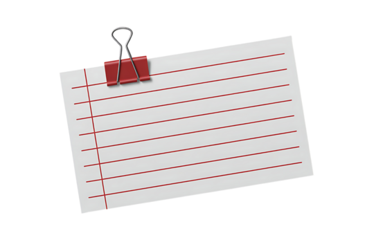 Note card with red marks and binder clip isolated on transparent background