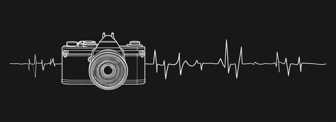 Camera and heartbeat line art on a black background, symbolizing the passion for photography.