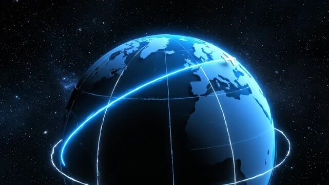 Glowing globe in space reveals detailed map of continents and oceans, illuminated by blue light, while digital airplane icon symbolizes global travel across vastness of Earth and cosmic stars