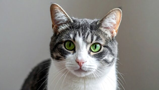 A tabby cat gazes forward with intense green eyes, set against a soft, neutral backdrop, head and shoulders shot