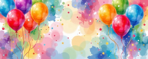 Colorful Balloon Celebration with Confetti and Stars