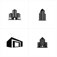 Obraz premium Four Building Icons Skyscraper Set, Modern Facade, and Simple Building Silhouette Designs