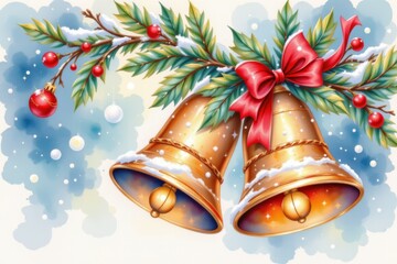 Festive Golden Bells with Holiday Decorations and Snowflakes