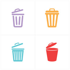 Four Colorful Trash Can Icons with Lids Lilac, Orange, Teal, and Red