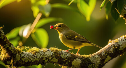 Small green bird with a bright red berry in its beak perched on a mossy tree branch in sunlight