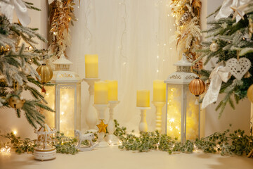 Beautifully illuminated Christmas decoration with sparkling lights, Christmas trees, stars, teddy bears and presents.	