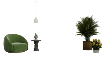 3D Render a green chair and a plant in a pot