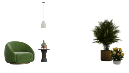 3D Render a green chair and a plant in a pot