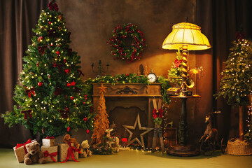 Beautifully illuminated Christmas decoration with sparkling lights, Christmas trees, stars, teddy bears and presents.	