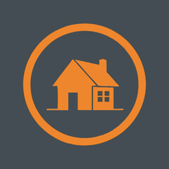 A simple orange house icon, enclosed within a circle, representing home, real estate, and property concepts on a grey background.