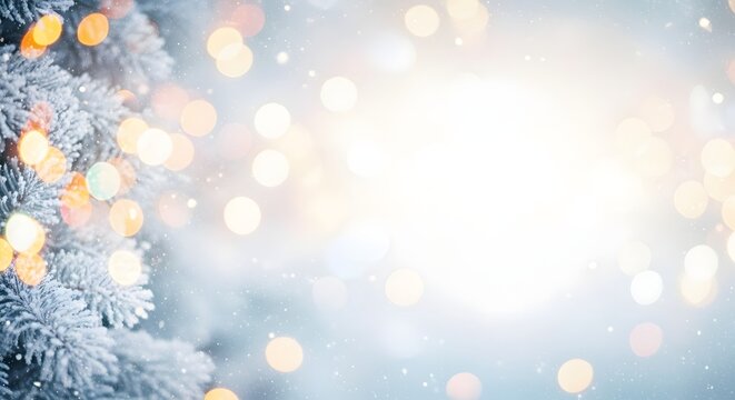 Magical christmas background with bokeh lights and snowy fir branch