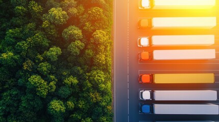 Logistic Delivery trucks lined up outside a logistics center, preparing for morning shipments.