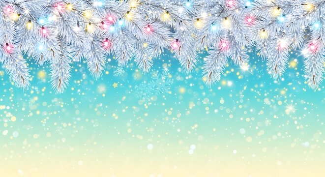 Festive christmas background with snowy fir branches and lights