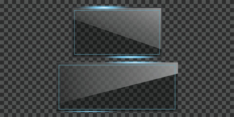 Two realistic glass frames or blank banners with blue light reflection, isolated on a transparent checker background. Modern clear acrylic or plexiglass boards with shadow effect.