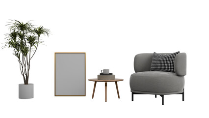 Fototapeta premium 3D Render a living room with a chair table mirror and plant