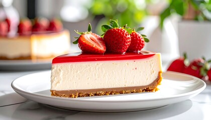 A slice of cheesecake with strawberries on a white plate, with a bright red jelly top and a crumb crust