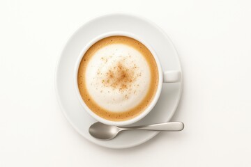 Top down flat lay of a foamy cappuccino in a white cup centered on a clean saucer with a plain spoon aligned at three oclock