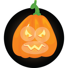 Glowing Jackolantern Pumpkin With Angry Face and Green Stem Against a Black Circular Background Halloween Spooky Illustration