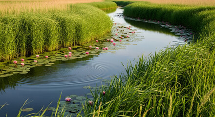 Serene Waterway: Pink Water Lilies Bloom Amidst Lush Green Reeds and Reflections