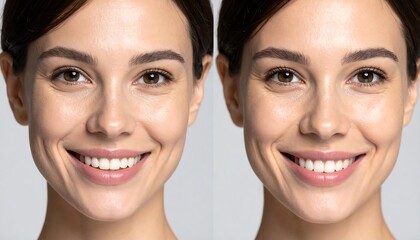 A portrait comparison One image bright, the other shadowed, of a woman smiling, hair pulled back, neutral backdrop