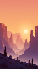 Desert Landscape at Sunset with Cacti and Rock Formations