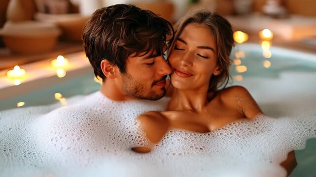 Happy young beautiful couple relaxing in jacuzzi bath on luxury hotel spa resort.Slow motion video.AI Generative.