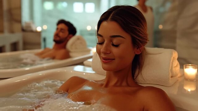 Happy young beautiful couple relaxing in jacuzzi bath on luxury hotel spa resort.Slow motion video.AI Generative.