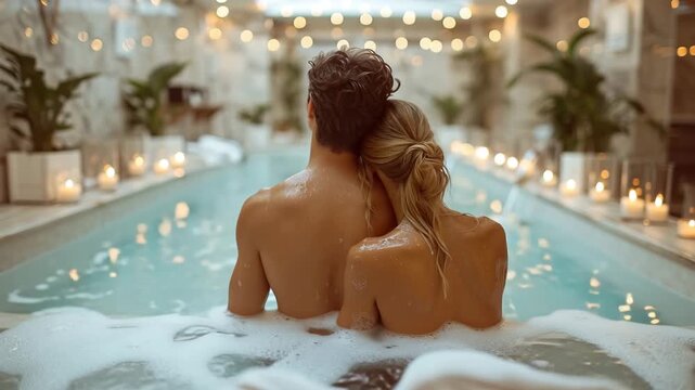 Video of rear view of young couple in jacuzzi swimming pool on luxury hotel spa resort.Slow motion.AI Generative.