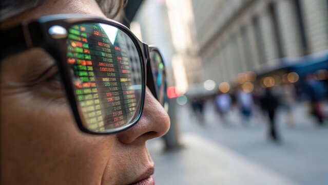 Person wearing glasses reflects stock market data symbolizing global economic agenda - Powered by Adobe