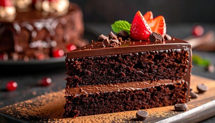 A slice of dark chocolate cake with chocolate chips and strawberries, presented on a wood board