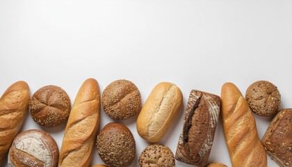 Overhead Still Life of Assorted Artisan Bread Loaves Against White Surface