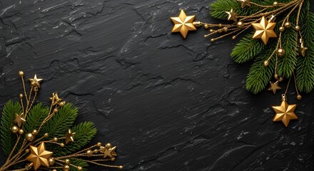 Christmas decoration with gold stars on a dark stone background