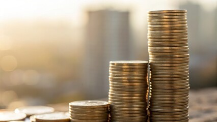 Stacks of coins rise against blurred cityscape symbolizing global economic agenda