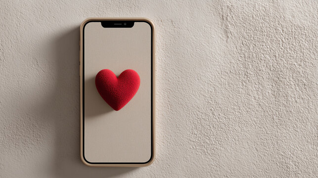 A red heart on a smartphone screen displaying a sandy beach pattern - Powered by Adobe