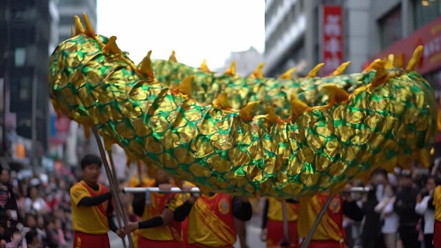 Colorful dragon dance performance in urban setting, showcasing vibrant movements and cultural celebration, capturing the essence of traditional festivities in a dynamic sequence