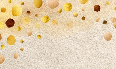 Watercolor birthday gift certificate background, warm beige, champagne and soft gold tones, watercolor confetti and balloons