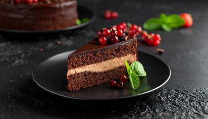 A slice of decadent chocolate cake with berries and mint, sitting atop a dark plate against a textured background