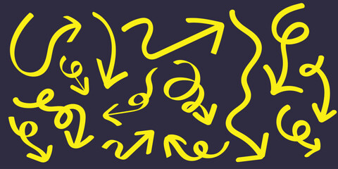 Collection of yellow hand drawn arrows and swirls on dark purple background direction curve