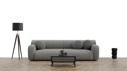 3D Render a living room with a couch and a lamp