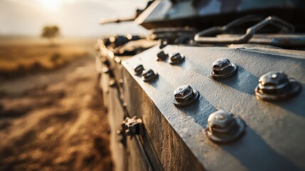 Obraz premium Close-up of a tank's exterior with rivets, showcasing rugged textures and warm sunset lighting.