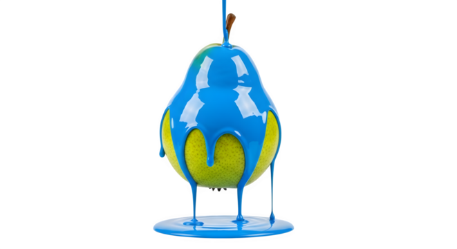 Pear with blue glaze dripping 3d rendered, isolated on transparent background