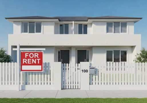 Exterior View Of A Rental Duplex Property With A 'For Rent' Signboard.