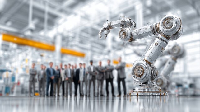 A futuristic robotic arm stands in the foreground, with a diverse group of professionals discussing in the background.