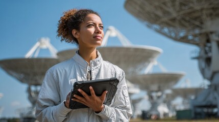 Young mixed-race woman with curly hair holding a tablet, standing confidently near satellite dishes under a clear blue sky.
