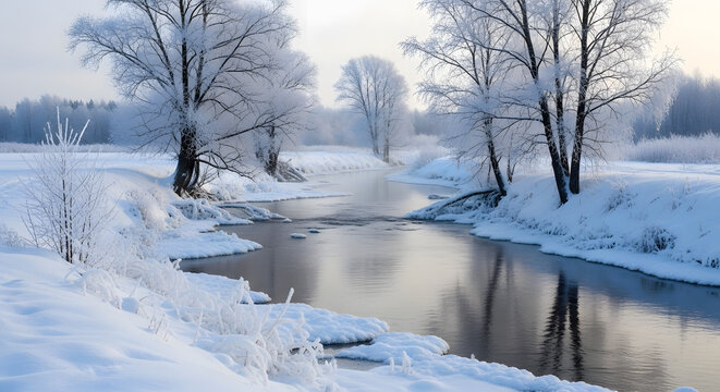 Serene winter river landscape with snow-covered banks and frosted trees