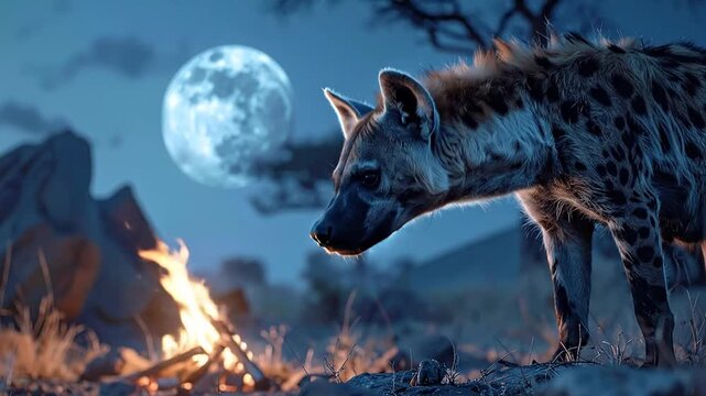 A solitary spotted hyena watches a crackling campfire under the glow of a magnificent full moon in the vast African wilderness at night