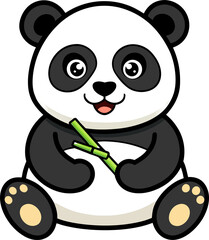 a flat-style vector icon of a cute panda sitting while eating a bamboo stick, no background.