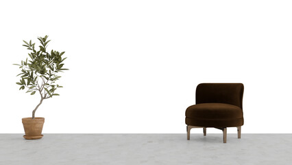 3D Render a chair and a potted plant in a room