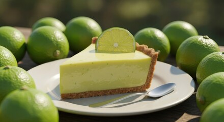Slice of creamy dessert topped with lime, surrounded by limes on a wooden table