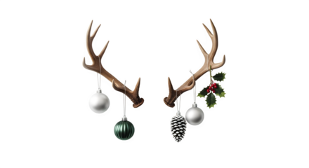 Festive Deer Antlers with Ornaments, isolated on transparent background